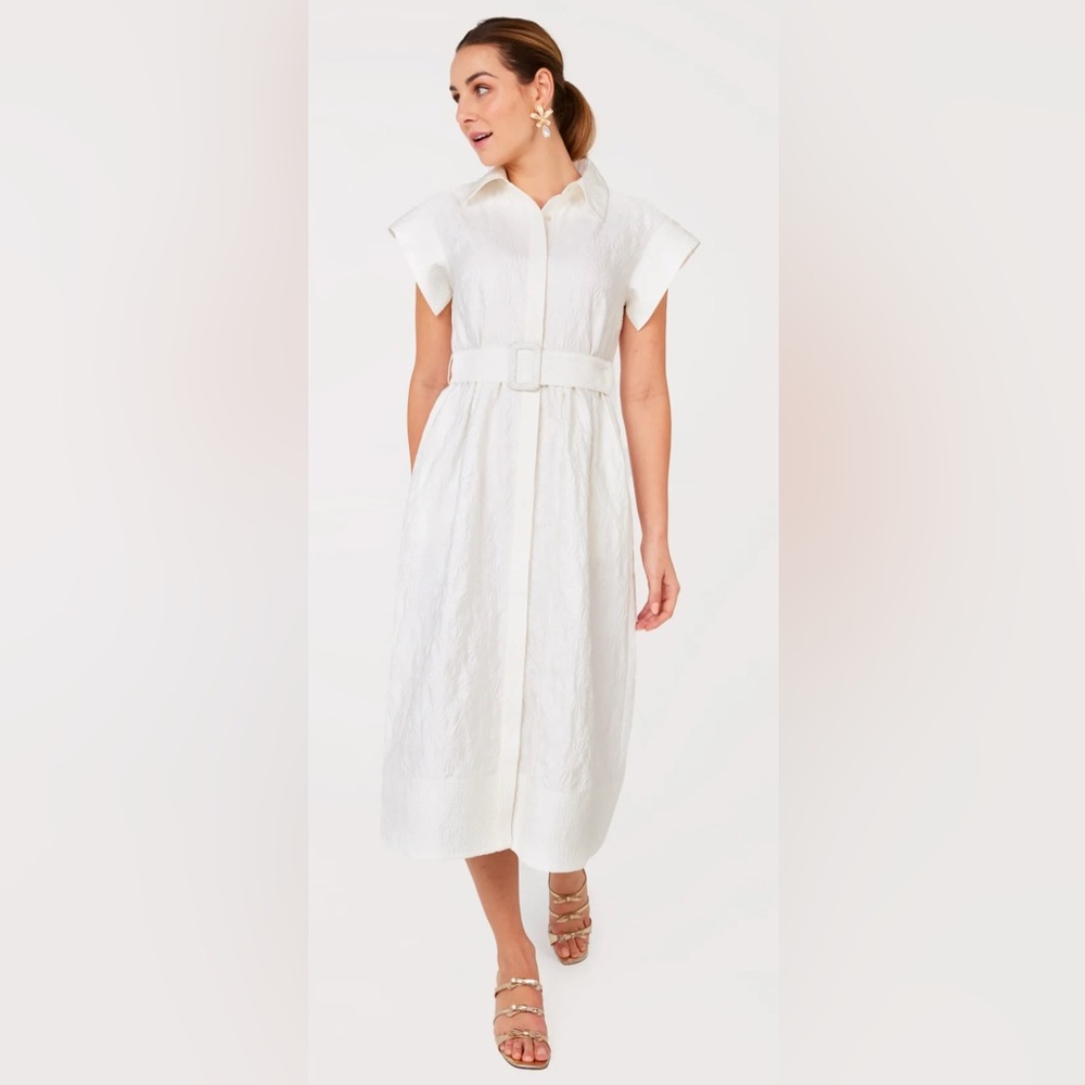 ABBEY GLASS- Elegant White Belted Dress New $325